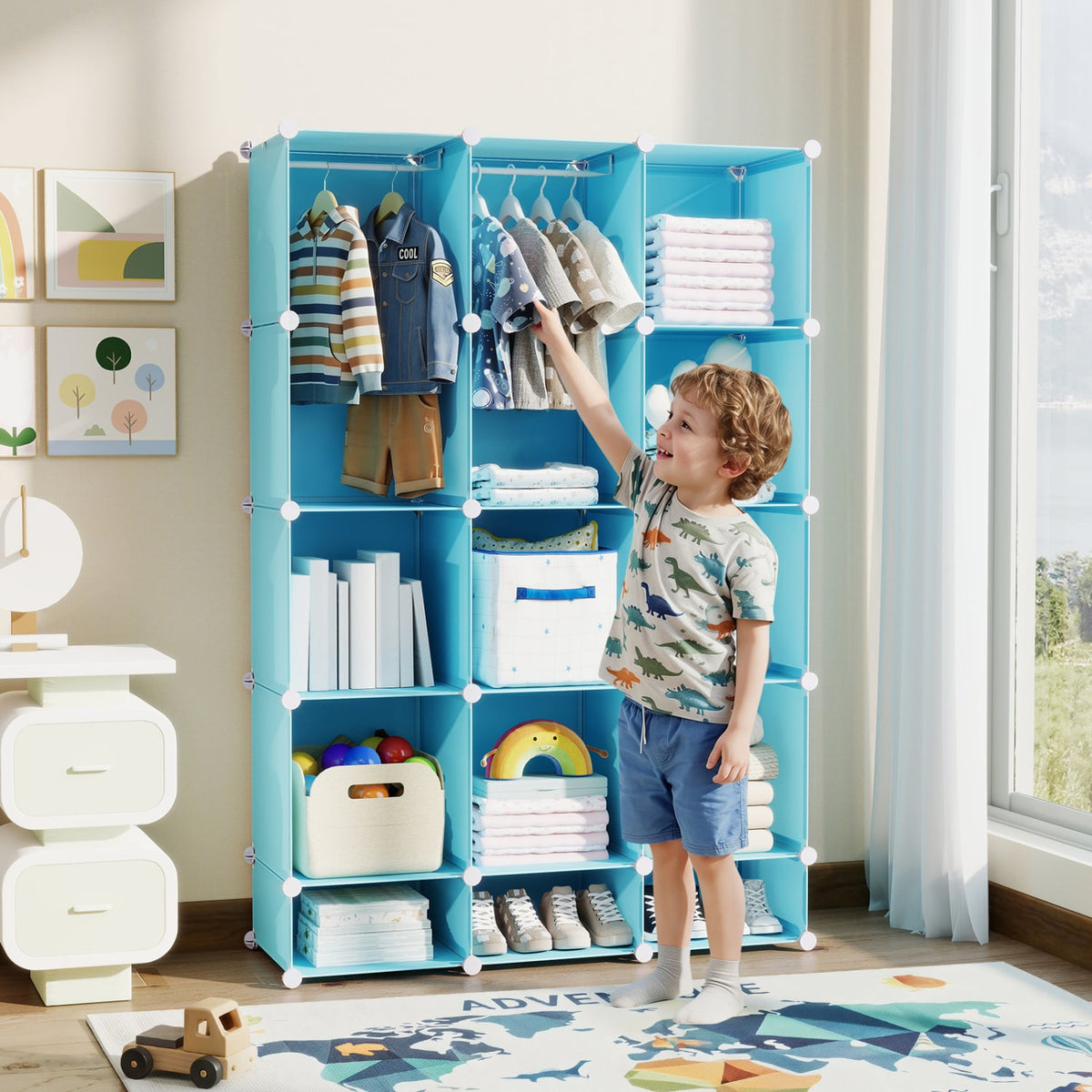Modular Baby Wardrobe with 13 Cubes and Hanging Rod and Shelves Stackable-Blue view 2
