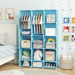 Modular Baby Wardrobe with 13 Cubes and Hanging Rod and Shelves Stackable-Blue view 3