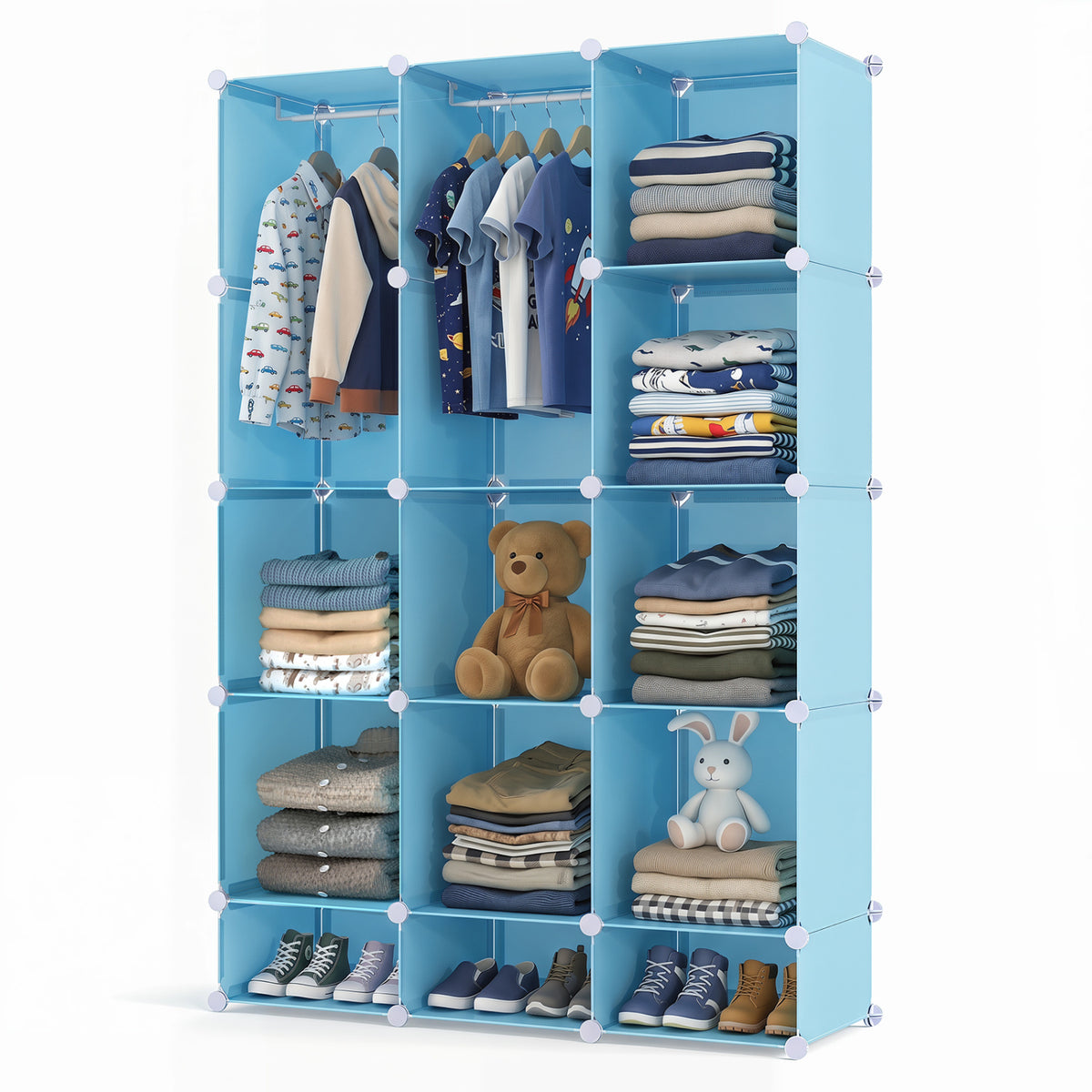 Modular Baby Wardrobe with 13 Cubes and Hanging Rod and Shelves Stackable-Blue view 4