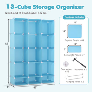 Modular Baby Wardrobe with 13 Cubes and Hanging Rod and Shelves Stackable-Blue view 5