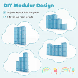 Modular Baby Wardrobe with 13 Cubes and Hanging Rod and Shelves Stackable-Blue view 7