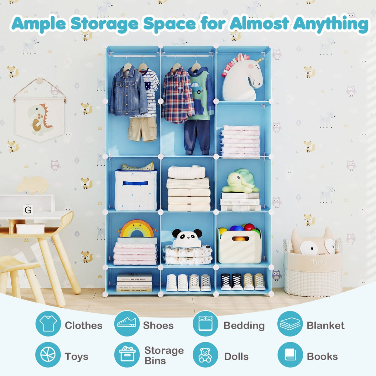 Modular Baby Wardrobe with 13 Cubes and Hanging Rod and Shelves Stackable-Blue view 8