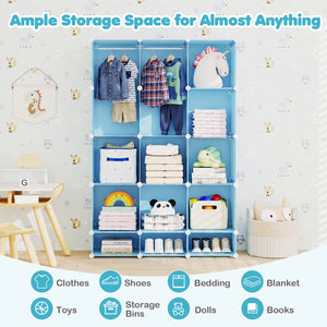 Modular Baby Wardrobe with 13 Cubes and Hanging Rod and Shelves Stackable-Blue view 8