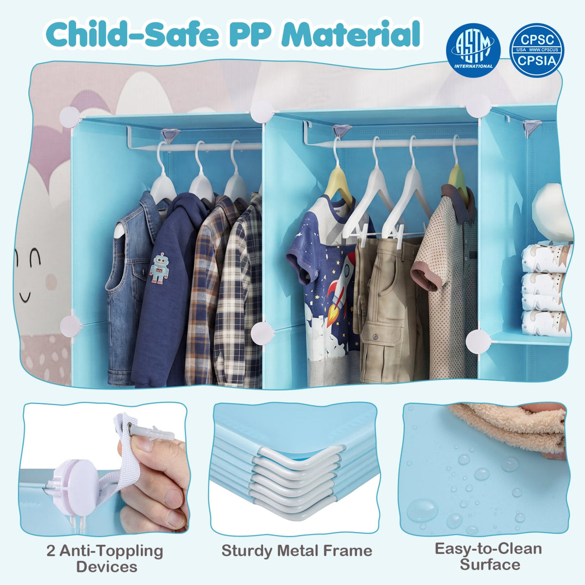 Modular Baby Wardrobe with 13 Cubes and Hanging Rod and Shelves Stackable-Blue view 9