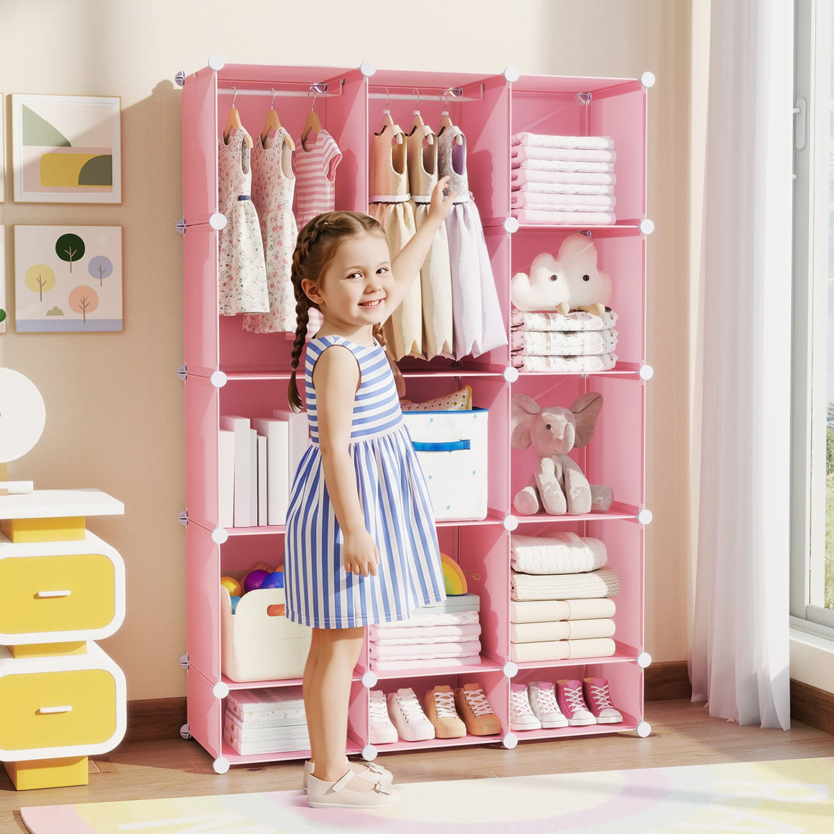 Modular Baby Wardrobe with 13 Cubes and Hanging Rod and Shelves Stackable-Pink view 2