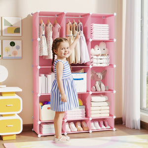 Modular Baby Wardrobe with 13 Cubes and Hanging Rod and Shelves Stackable-Pink view 2