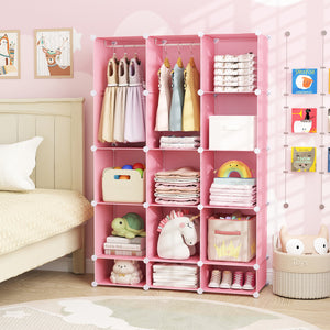 Modular Baby Wardrobe with 13 Cubes and Hanging Rod and Shelves Stackable-Pink view 3