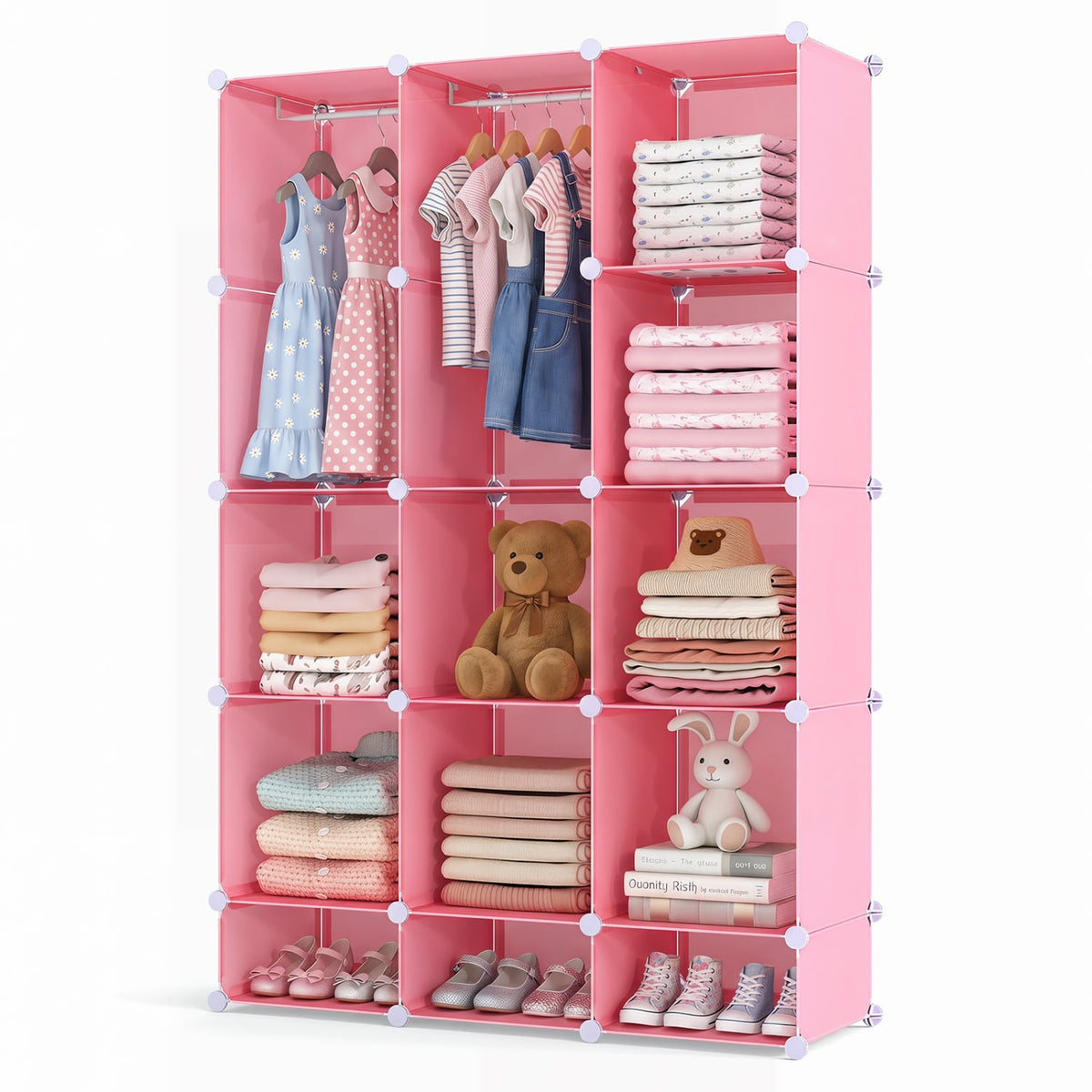 Modular Baby Wardrobe with 13 Cubes and Hanging Rod and Shelves Stackable-Pink view 4
