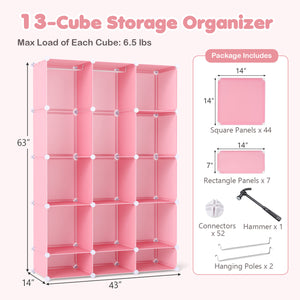 Modular Baby Wardrobe with 13 Cubes and Hanging Rod and Shelves Stackable-Pink view 5