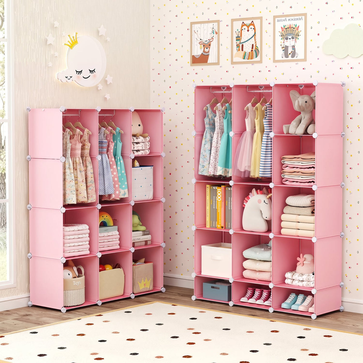 Modular Baby Wardrobe with 13 Cubes and Hanging Rod and Shelves Stackable-Pink view 6