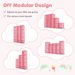 Modular Baby Wardrobe with 13 Cubes and Hanging Rod and Shelves Stackable-Pink view 7