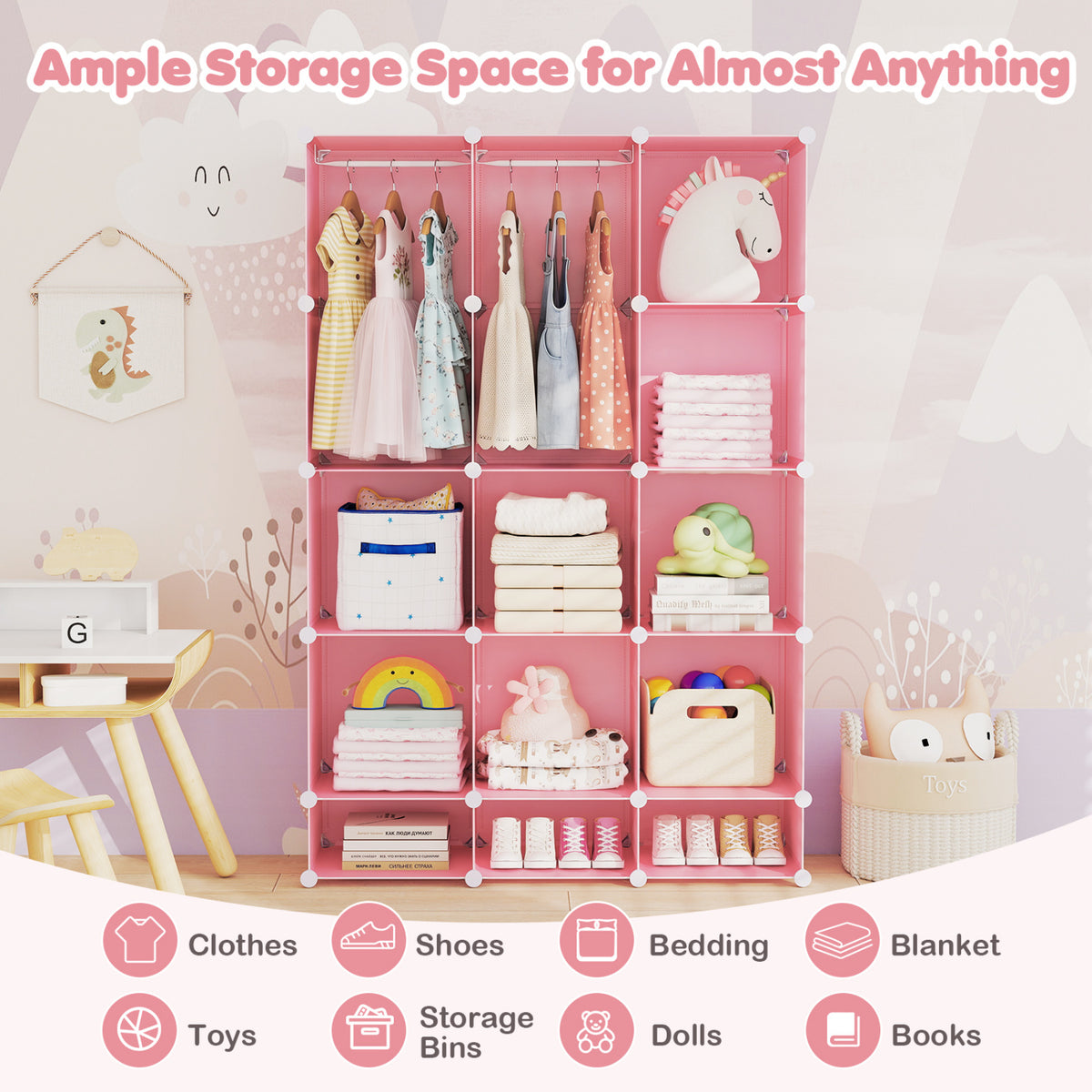 Modular Baby Wardrobe with 13 Cubes and Hanging Rod and Shelves Stackable-Pink view 8