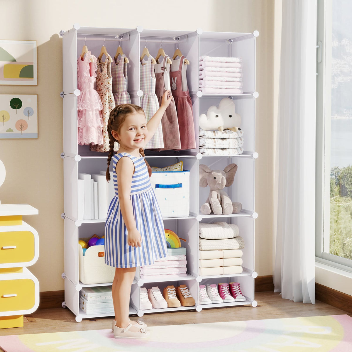 Modular Baby Wardrobe with 13 Cubes and Hanging Rod and Shelves Stackable-White view 2