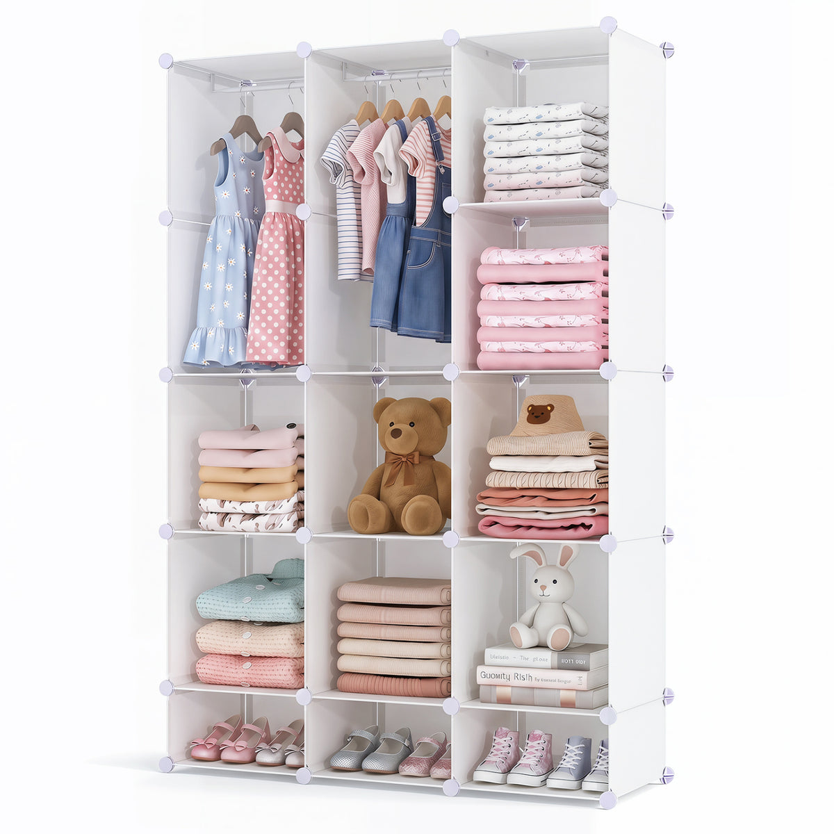 Modular Baby Wardrobe with 13 Cubes and Hanging Rod and Shelves Stackable-White view 4