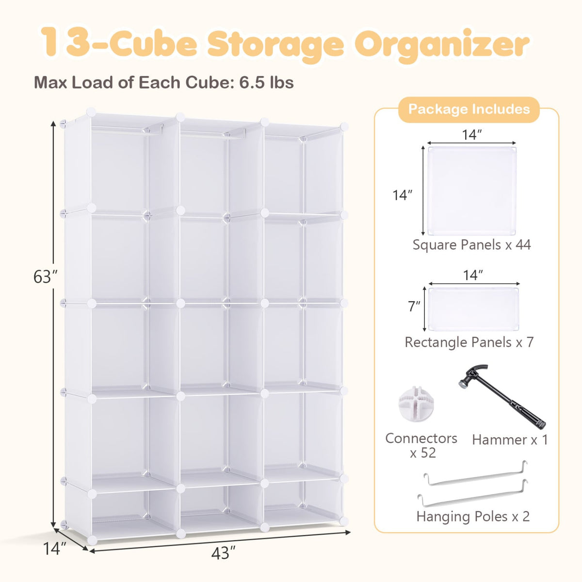 Modular Baby Wardrobe with 13 Cubes and Hanging Rod and Shelves Stackable-White view 5