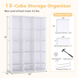 Modular Baby Wardrobe with 13 Cubes and Hanging Rod and Shelves Stackable-White view 5