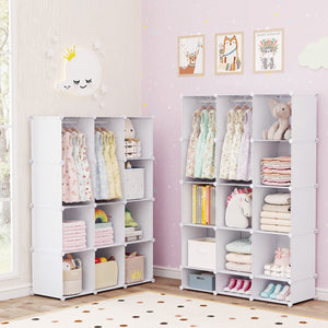 Modular Baby Wardrobe with 13 Cubes and Hanging Rod and Shelves Stackable-White view 6