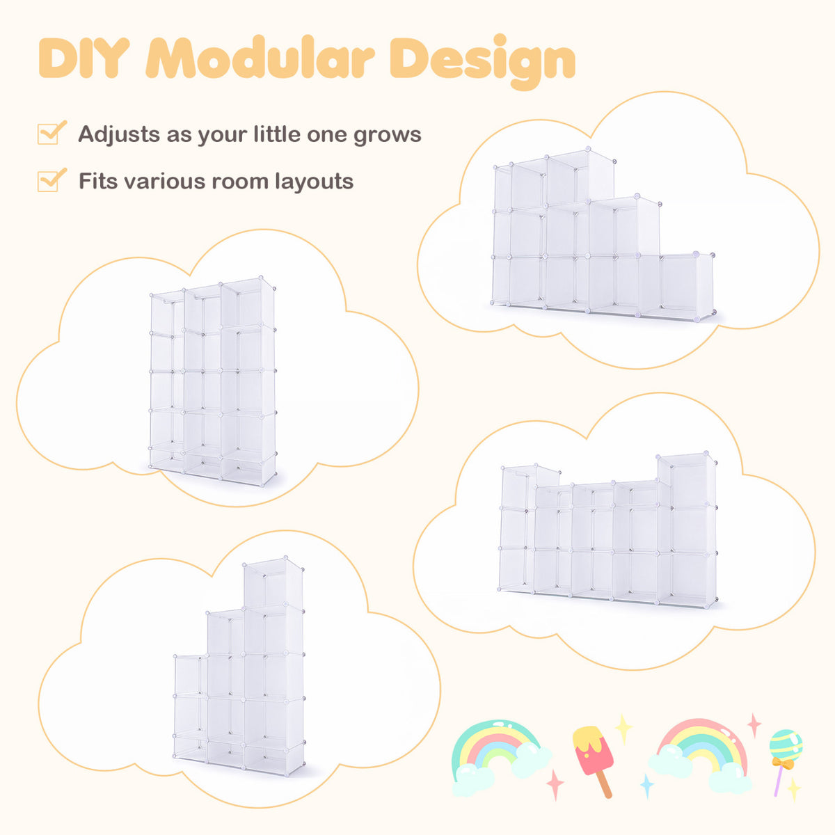 Modular Baby Wardrobe with 13 Cubes and Hanging Rod and Shelves Stackable-White view 7