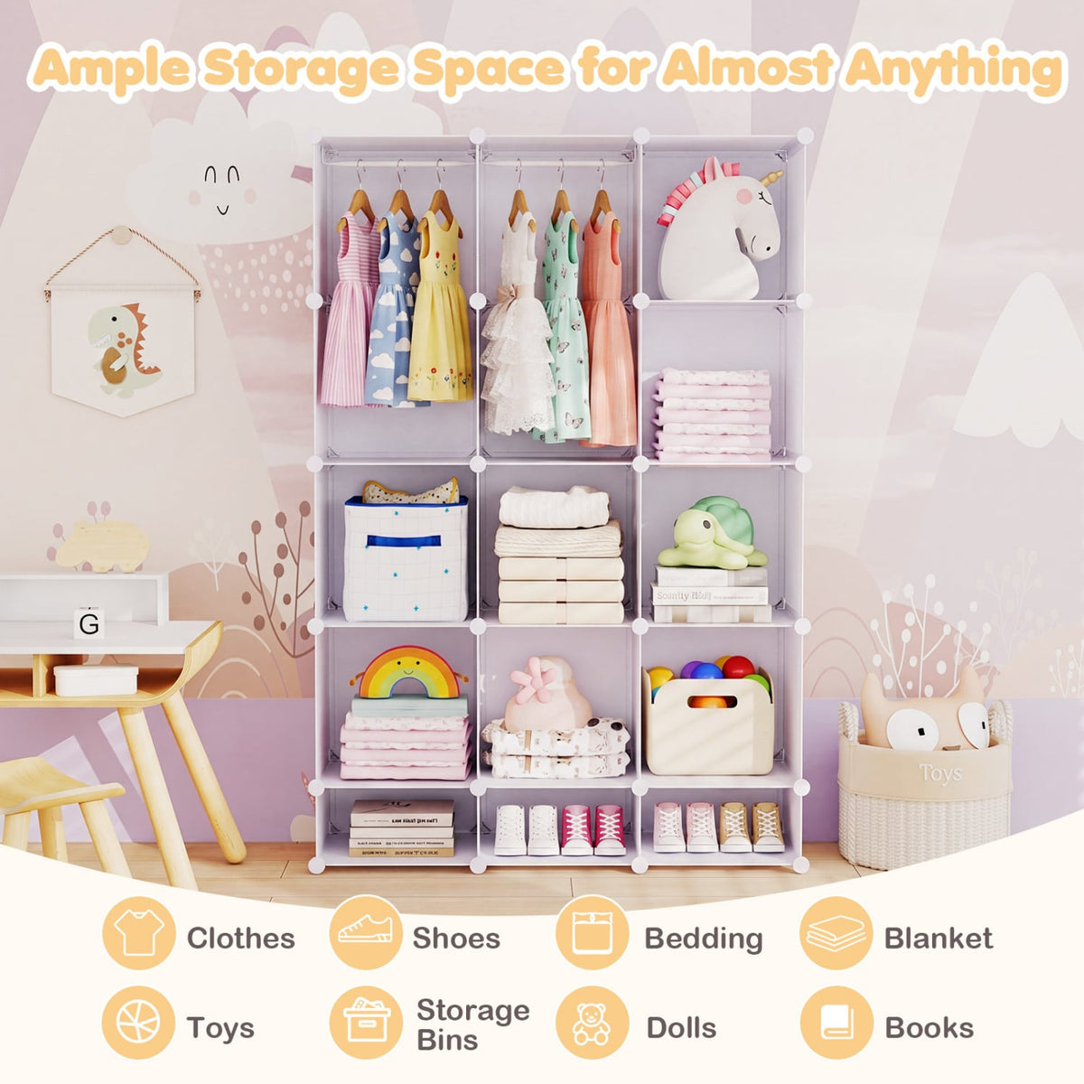 Modular Baby Wardrobe with 13 Cubes and Hanging Rod and Shelves Stackable-White view 8