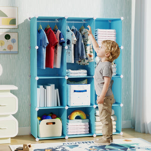 Modular Baby Wardrobe with 10 Cubes & Hanging Rod and Shelves Stackable-Blue view 2