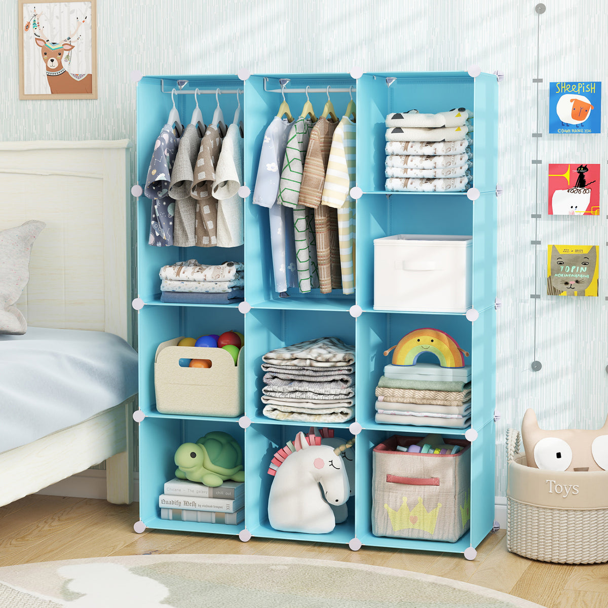 Modular Baby Wardrobe with 10 Cubes & Hanging Rod and Shelves Stackable-Blue view 3