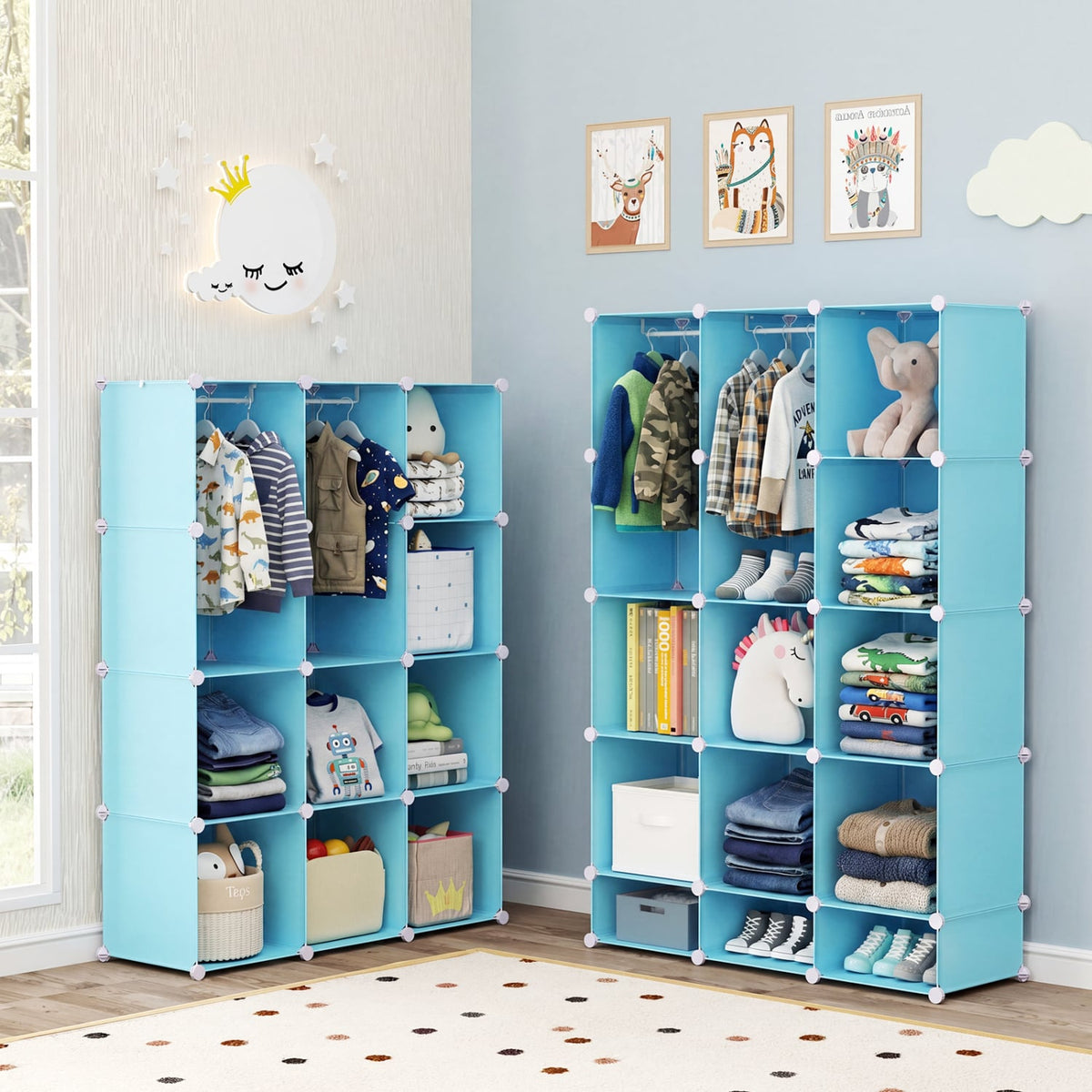 Modular Baby Wardrobe with 10 Cubes & Hanging Rod and Shelves Stackable-Blue view 6