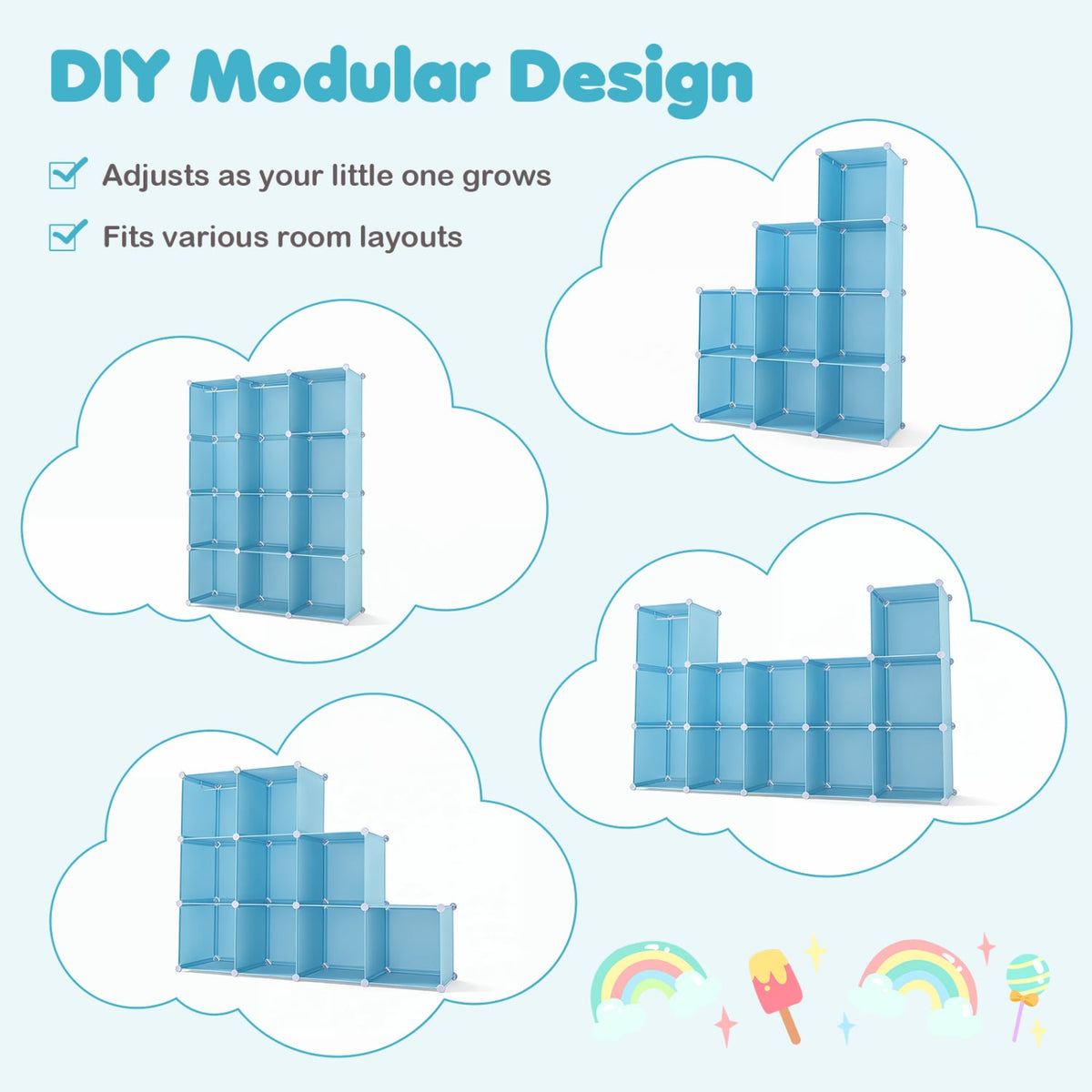 Modular Baby Wardrobe with 10 Cubes & Hanging Rod and Shelves Stackable-Blue view 7