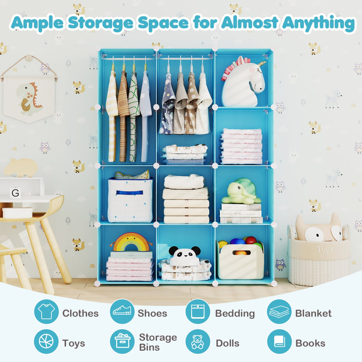 Modular Baby Wardrobe with 10 Cubes & Hanging Rod and Shelves Stackable-Blue view 8
