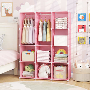 Modular Baby Wardrobe with 10 Cubes & Hanging Rod and Shelves Stackable-Pink view 3