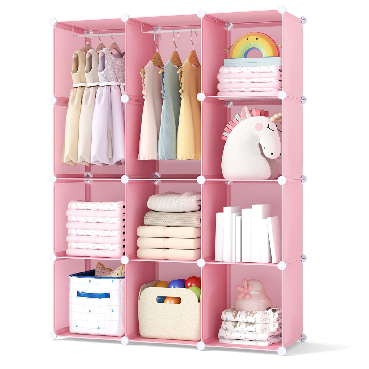 Modular Baby Wardrobe with 10 Cubes & Hanging Rod and Shelves Stackable-Pink view 4