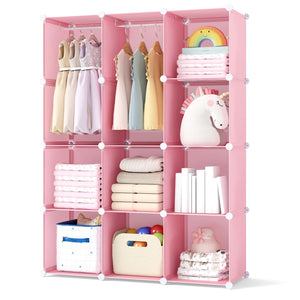 Modular Baby Wardrobe with 10 Cubes & Hanging Rod and Shelves Stackable-Pink view 4