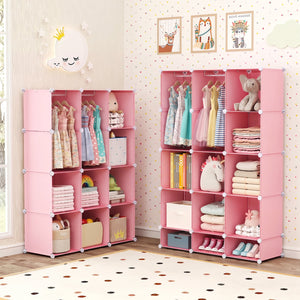 Modular Baby Wardrobe with 10 Cubes & Hanging Rod and Shelves Stackable-Pink view 6