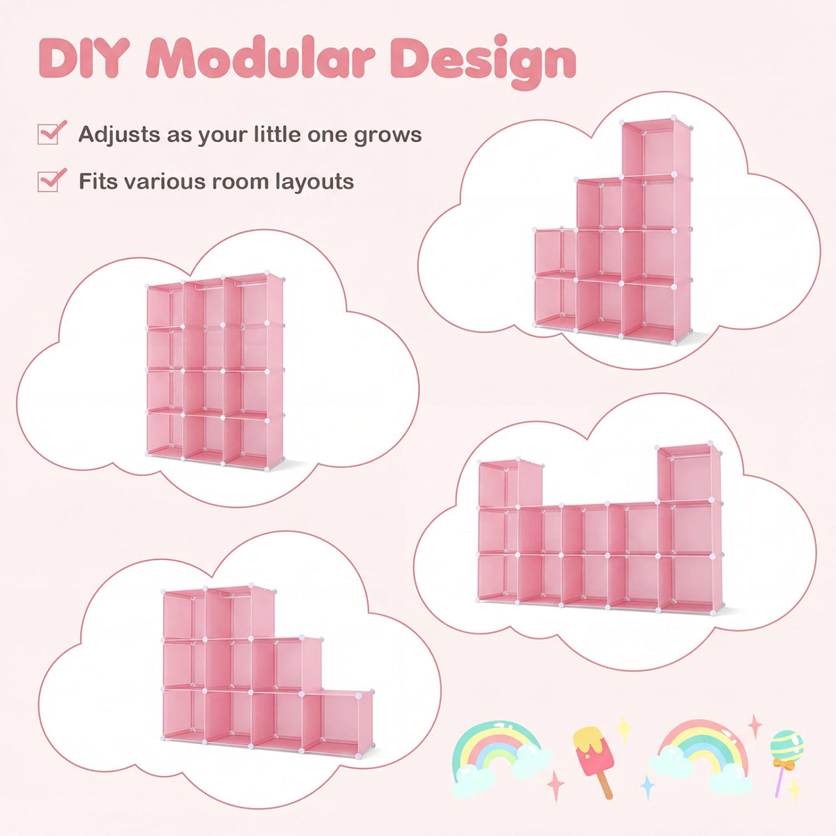 Modular Baby Wardrobe with 10 Cubes & Hanging Rod and Shelves Stackable-Pink view 7