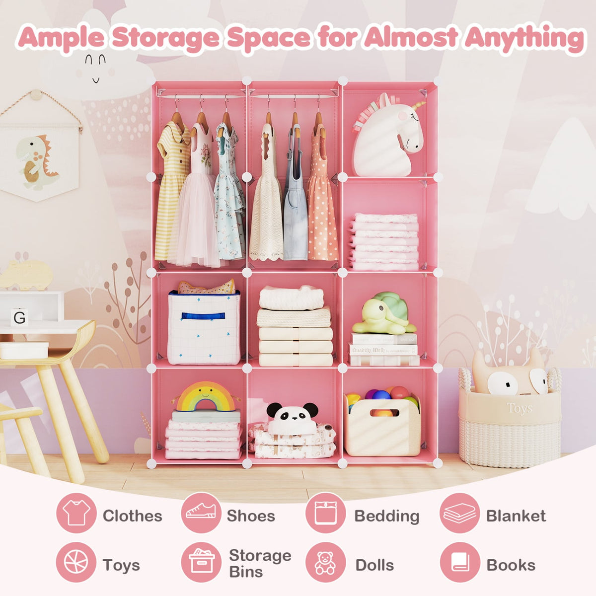 Modular Baby Wardrobe with 10 Cubes & Hanging Rod and Shelves Stackable-Pink view 8