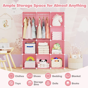Modular Baby Wardrobe with 10 Cubes & Hanging Rod and Shelves Stackable-Pink view 8