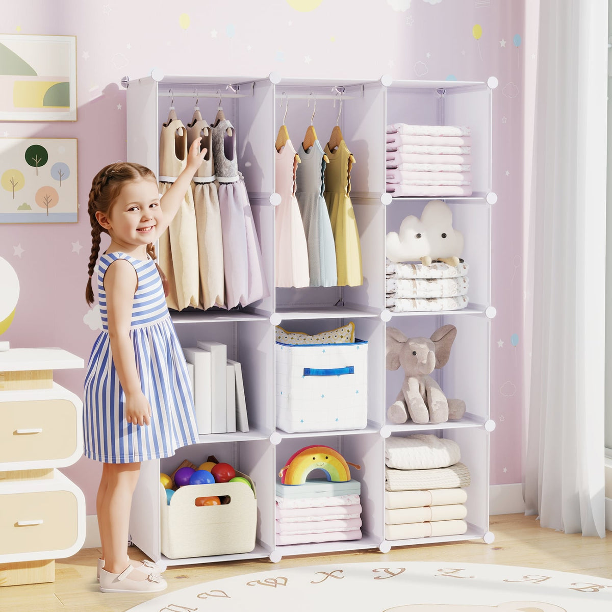 Modular Baby Wardrobe with 10 Cubes & Hanging Rod and Shelves Stackable-White view 2