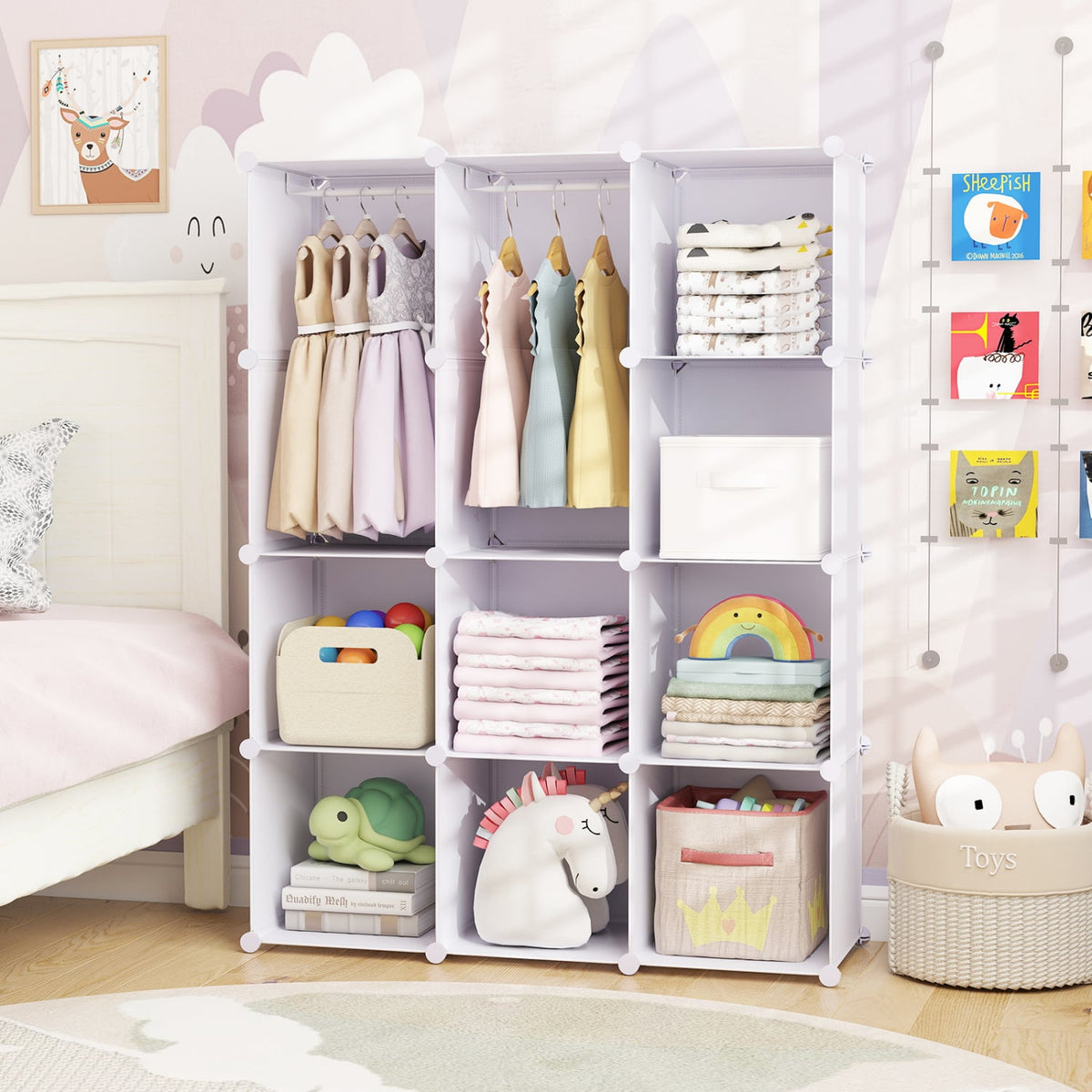 Modular Baby Wardrobe with 10 Cubes & Hanging Rod and Shelves Stackable-White view 3