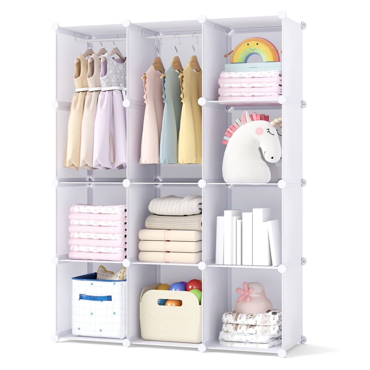 Modular Baby Wardrobe with 10 Cubes & Hanging Rod and Shelves Stackable-White view 4