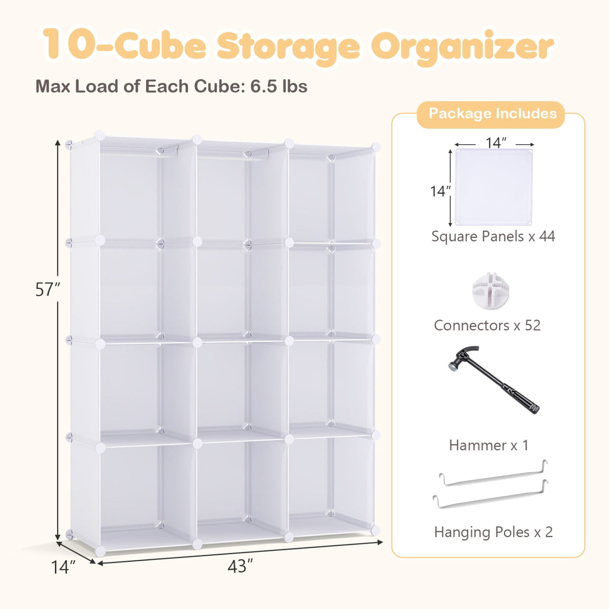 Modular Baby Wardrobe with 10 Cubes & Hanging Rod and Shelves Stackable-White view 5