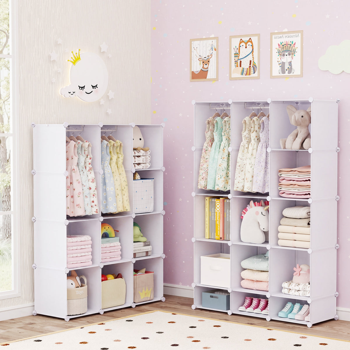 Modular Baby Wardrobe with 10 Cubes & Hanging Rod and Shelves Stackable-White view 6