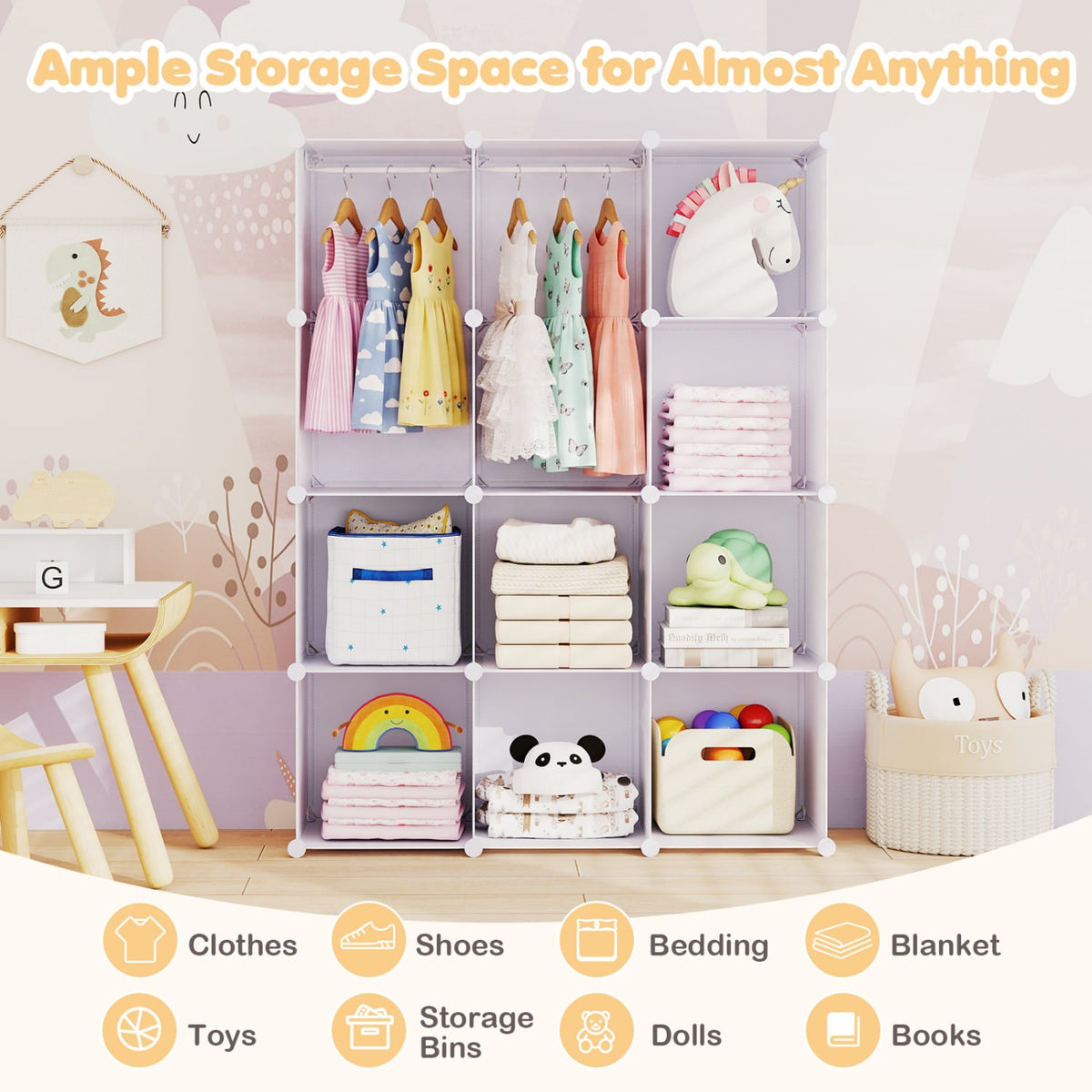 Modular Baby Wardrobe with 10 Cubes & Hanging Rod and Shelves Stackable-White view 8