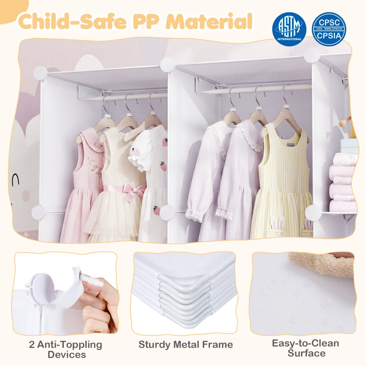 Modular Baby Wardrobe with 10 Cubes & Hanging Rod and Shelves Stackable-White view 9