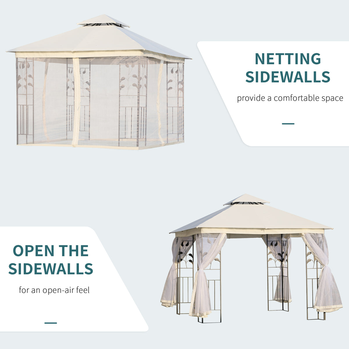 10'x10' Soft-top Steel Patio Gazebo Outdoor Sun Shelter with 2-Tier Polyester Roof, Curtain Sidewalls, Beige – view 12
