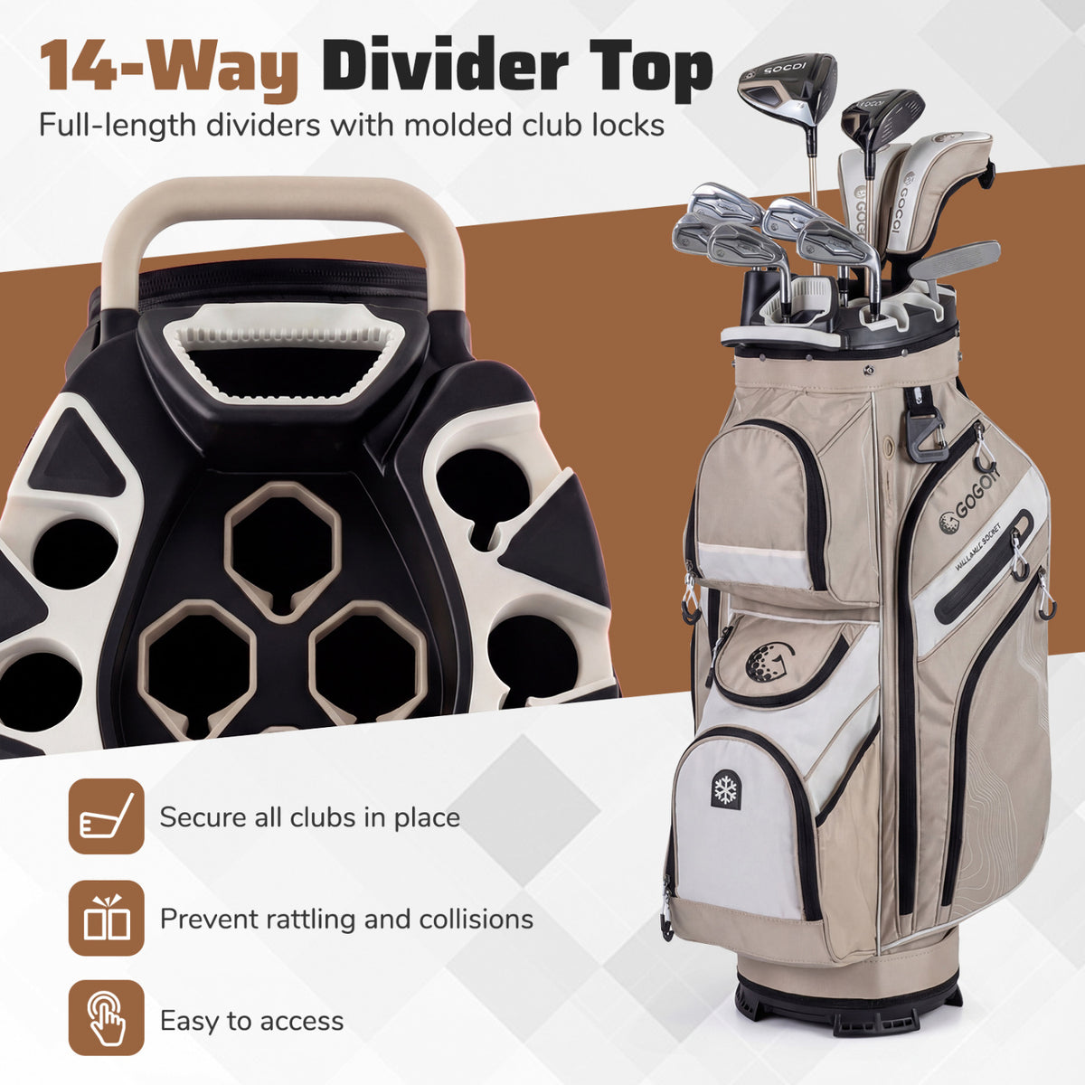Molded Lock Top Golf Cart Bag with 14-Way Full Length Dividers and 11 Pockets-Khaki view 5