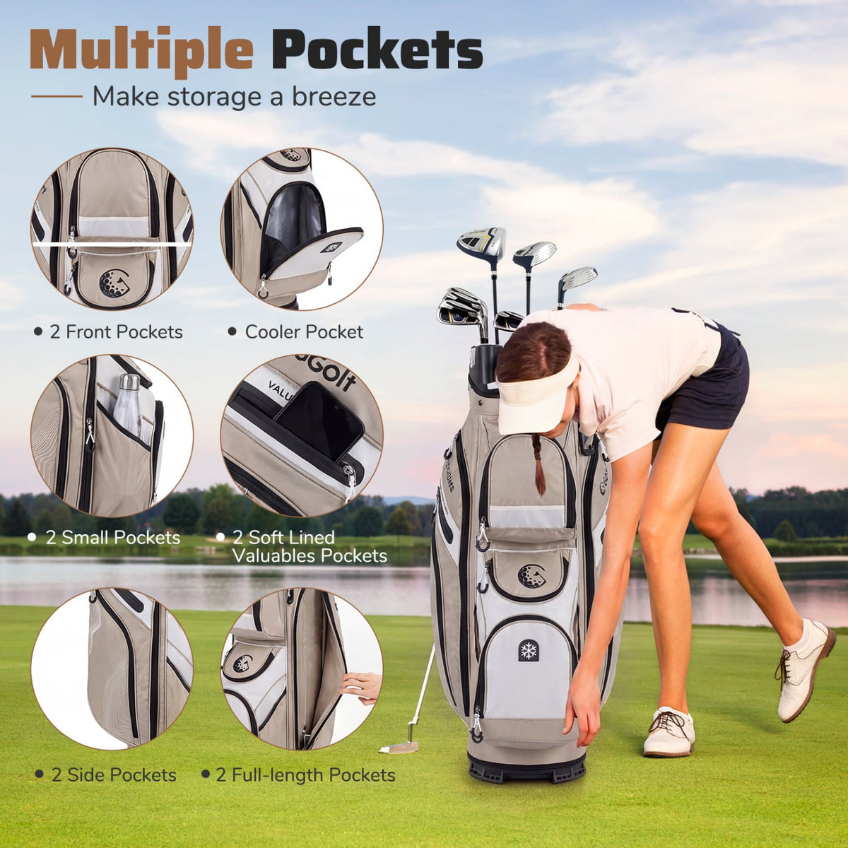 Molded Lock Top Golf Cart Bag with 14-Way Full Length Dividers and 11 Pockets-Khaki view 6