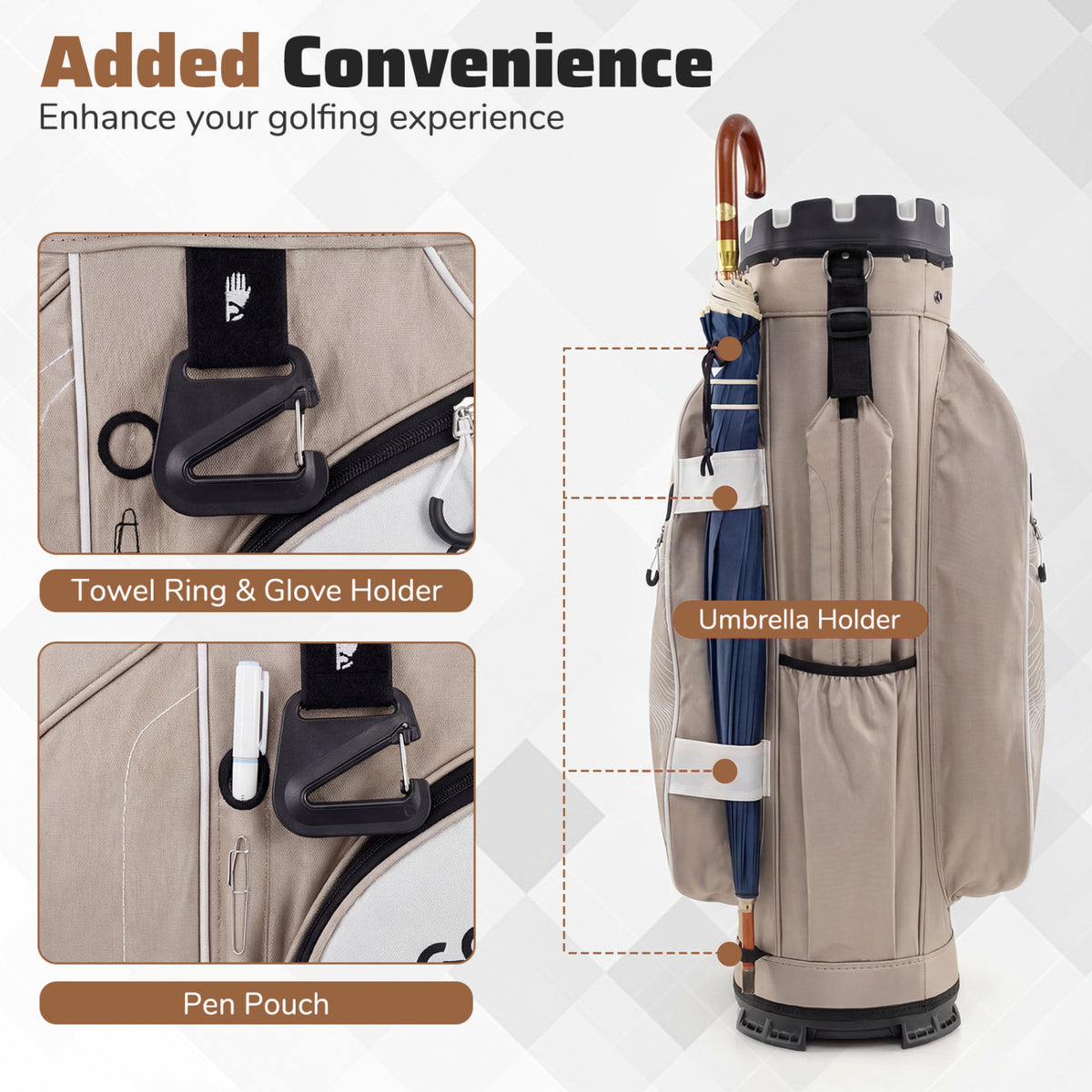 Molded Lock Top Golf Cart Bag with 14-Way Full Length Dividers and 11 Pockets-Khaki view 7