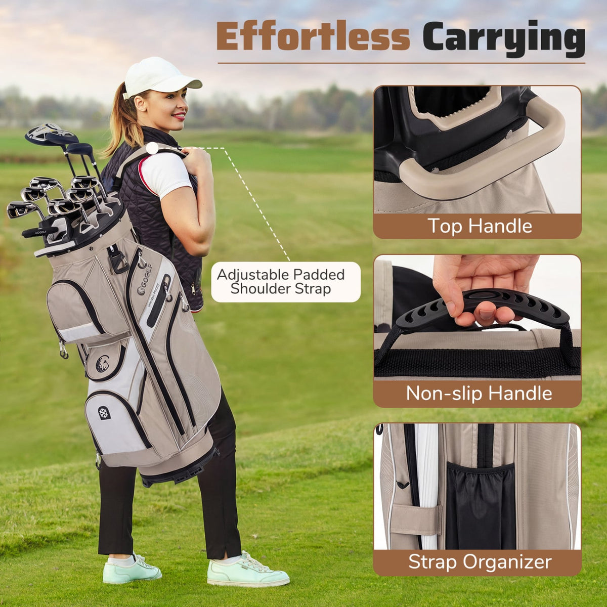 Molded Lock Top Golf Cart Bag with 14-Way Full Length Dividers and 11 Pockets-Khaki view 8