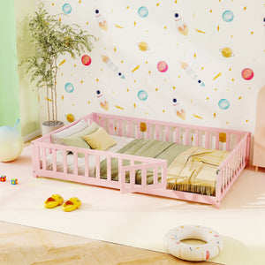 Montessori Bed Frame with Full-length Guardrails Safety Door and Latch-Pink view 2