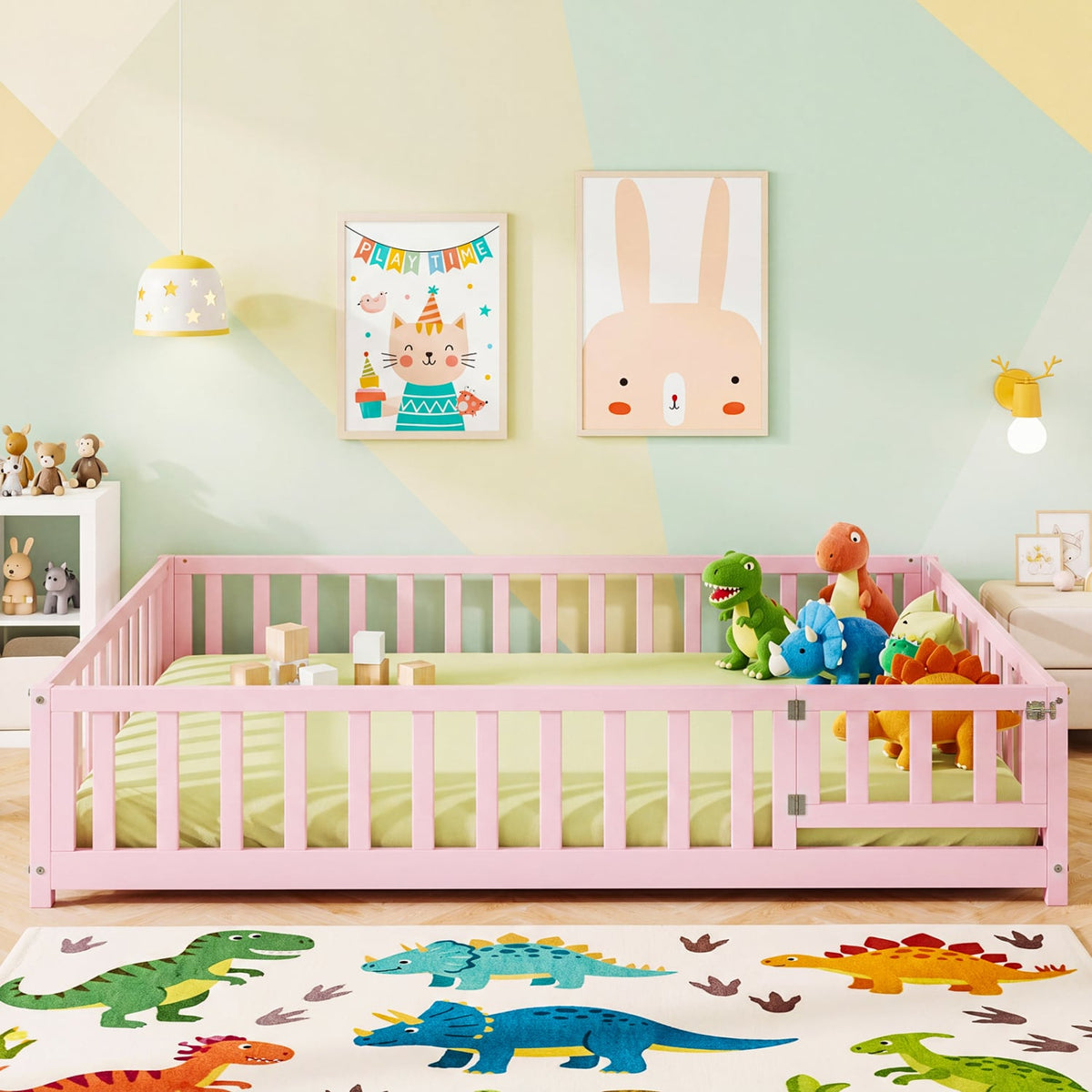 Montessori Bed Frame with Full-length Guardrails Safety Door and Latch-Pink view 3