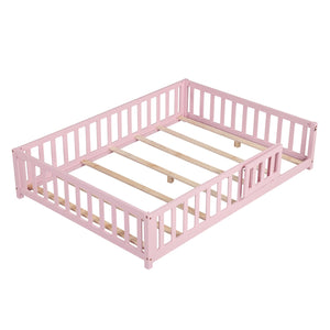 Montessori Bed Frame with Full-length Guardrails Safety Door and Latch-Pink view 4